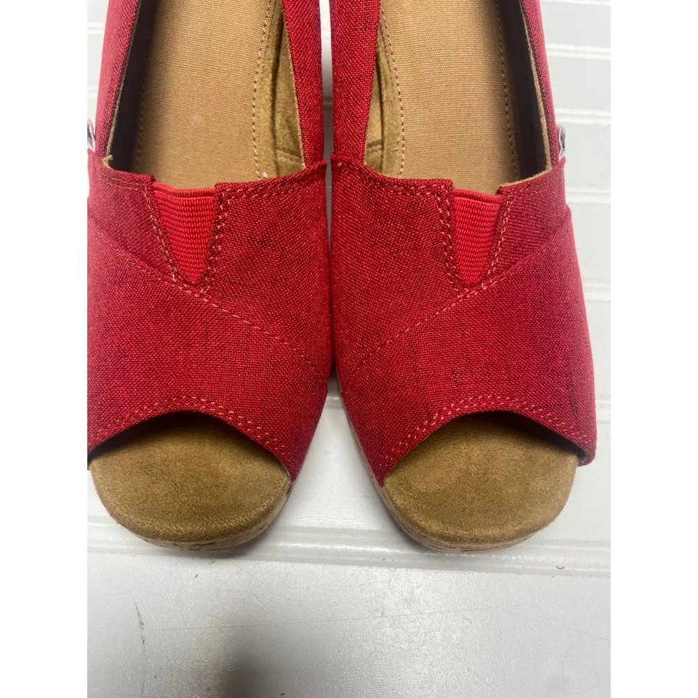 TOMS Classic Canvas Red Open Toe Espadille Cork Wedge Women's 9